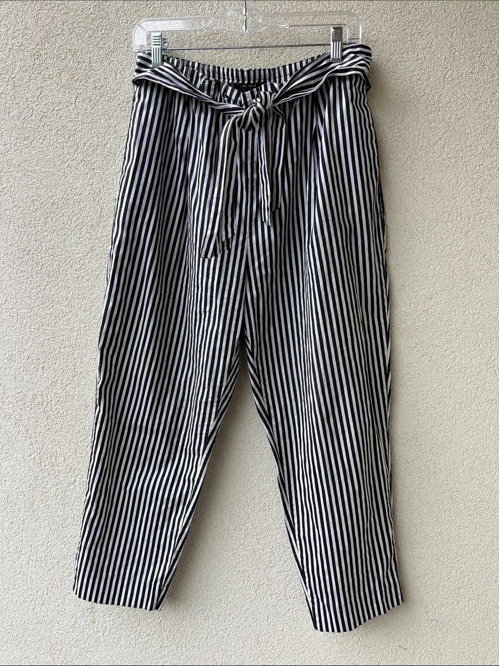 Black & White Striped Cropped Trousers with Waist Tie